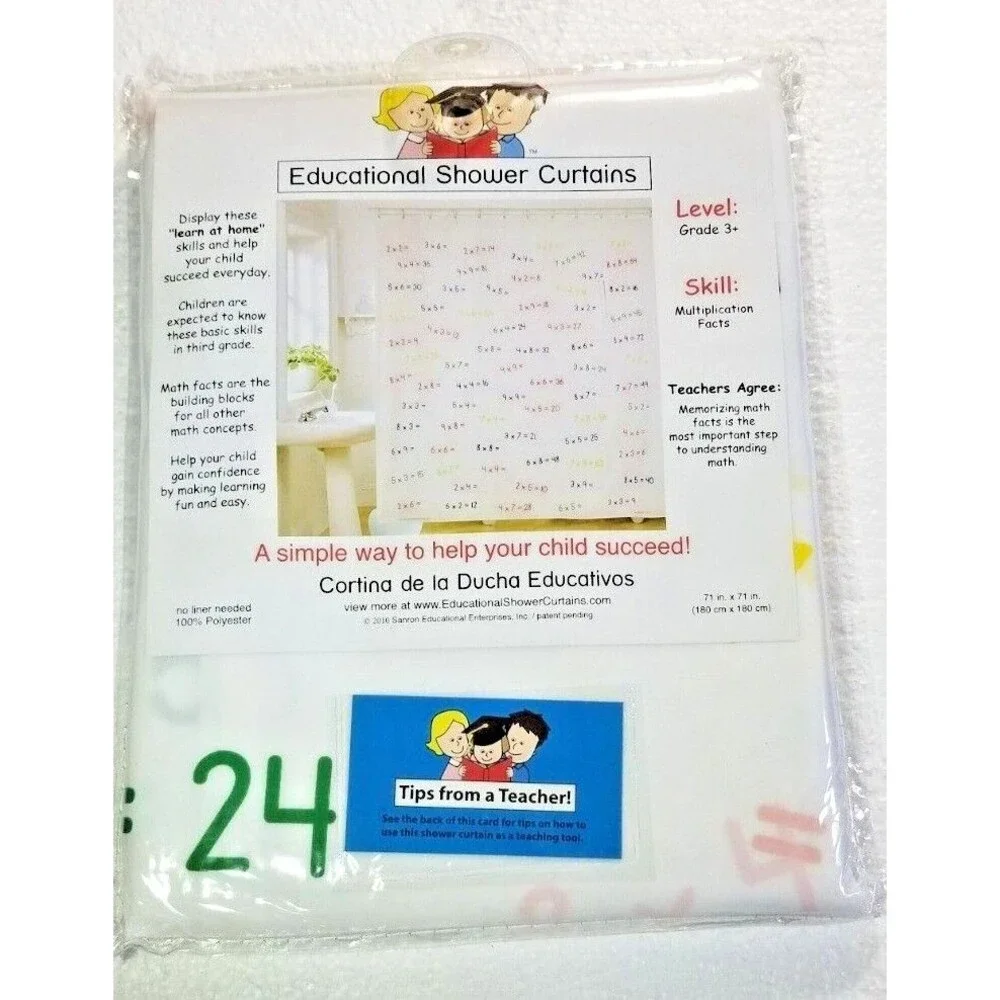 Math Educational Shower Curtain Grade 3+ Multiplication Fun Easy Learning NEW